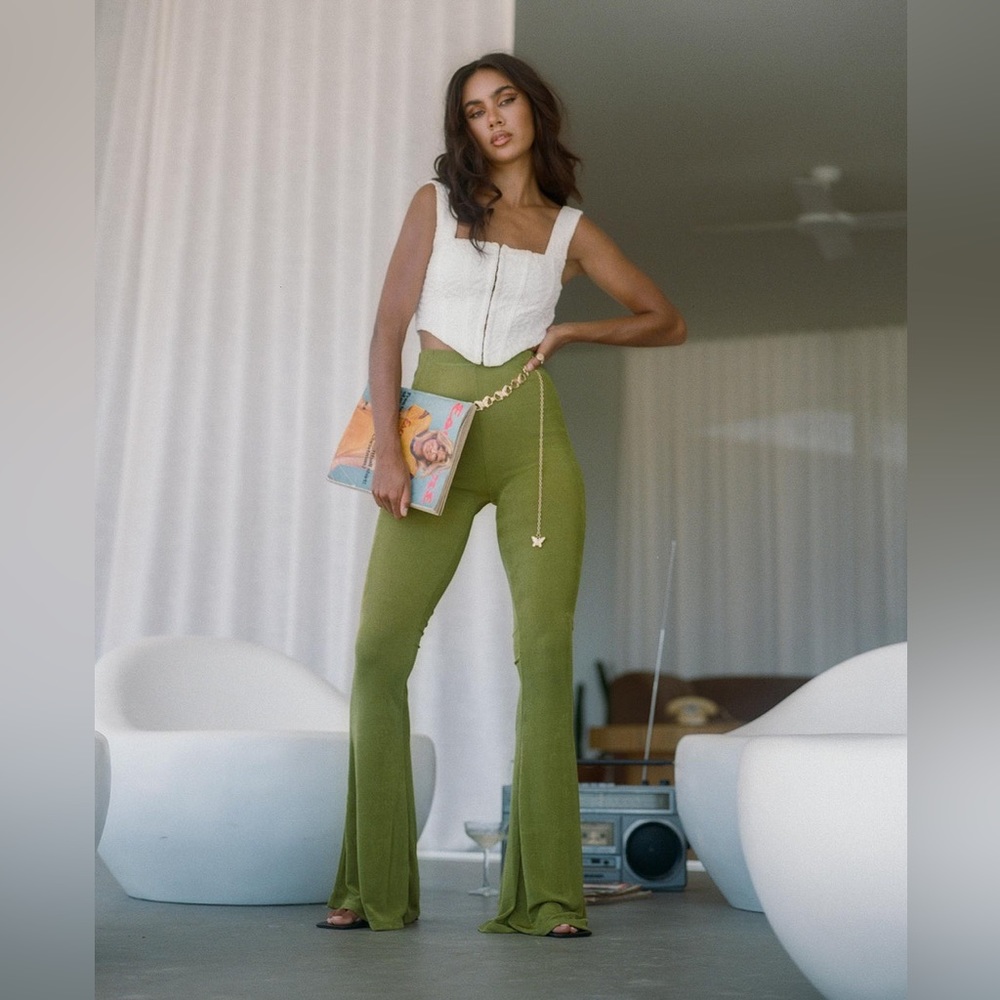 Princess Polly Boogie Pants in Green Slim Fit Flare Elastic Waist Size 8